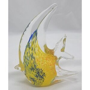Hand‎ Blown Art Glass Angel Fish Figurine Paperweight Multicolor Yellow Blue